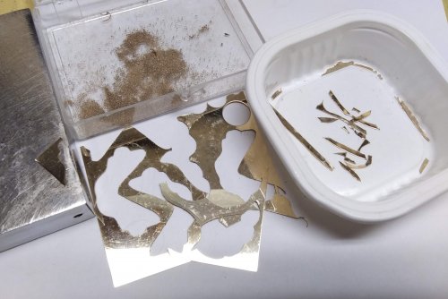 Judy Larson's Silver and Gold Earrings - , Contemporary Wire Jewelry, Butane Torch, Soldering, Solder, Cut small pieces of gold filled sheet in a variety of sizes.